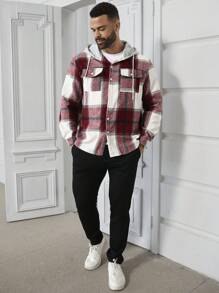 Manfinity Homme Men Plus Plaid Print Drawstring Hooded Shacket Colorful Casual Going Out Shacket - Burgundy - View 5