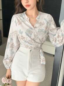 DAZY 花卉图案长袖裹身系带女式衬衫，长袖上衣，夏季度假装扮，复活节女装 - 米色 - 查看 5