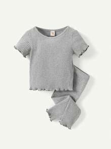 Cozy Pixies Bộ 4 Món Sò Điệp Viền Cổ Tròn Màu Trơn Cho Bé Gái, Áo Tay Ngắn Và Quần Dài - Màu Xám nhạt - Xem 9