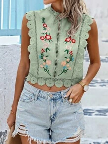 SHEIN LUNE Chemisier en dentelle de guipure avec broderie florale - Vert olive - Voir 4
