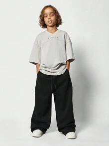 SUMWON 宽松舒适运动裤，抓绒材质，街头风设计，抽绳松紧腰带，适合秋冬季青少年男童穿着。 - 黑色 - 查看 3