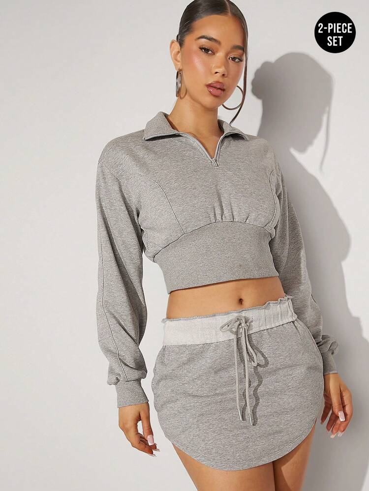 Half Zip Sweatshirt & Mini Skirt Two Pieces Set
