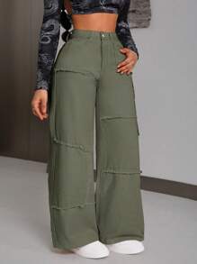 SHEIN PETITE Women's Loose Fit Casual Wide Leg Denim Jeans With Frayed Hem Patchwork - Green - View 4