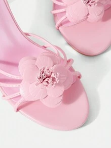 CUCCOO SZL Pink Pu Floral Decor Women'S Round Toe High Heel Strappy Sandals Vacation Shoes Summer SaleSexy Party Baddie Chic Gorgeous Style Halloween - Pink - View 7
