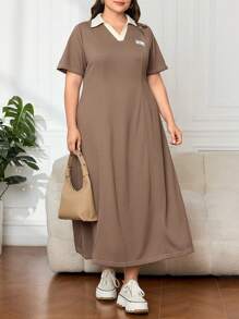 Mulvari Plus Letter Patched Contrast Collar Tee Dress