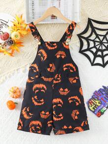 SHEIN Tween Girl Halloween Print Overall Romper - Black - View 1