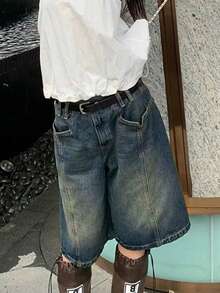 Y2K Street Vintage Rửa Sạch Túi Bất Đối Xứng Đường May Chi Tiết Râu Ống Rộng Bermuda Quần Jean Denim Jorts Quần Short - Màu xanh lam - Xem 5