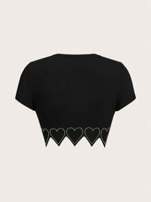 SHEIN ICON Plus Size Nữ Mùa Hè Bó Sát Áo Thun Tay Ngắn Có Đường Viền Cổ, Đường Viền Hình Trái Tim Trang Trí Bằng Kim Cương Giả - màu đen - Xem 2
