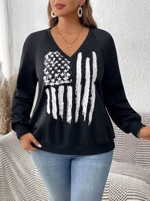 SHEIN LUNE Plus Size Loose Fit American Flag Printed V-Neck Long Sleeve Sweatshirt - Multicolor - View 6