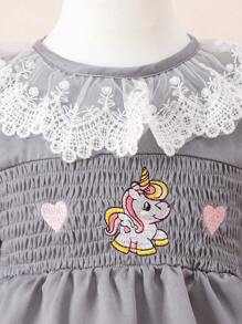 Rochie de culoare solidă prințesă cu mânecă bubble pentru fetițe cu gât rotund, cu dantelă, broderie unicorn și inimă, căptușeală din satin, drăguță și confortabilă și elegantă, primăvară și toamnă nou sosire