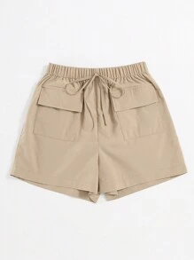 SHEIN EZwear Plus Flap Pocket Knot Waist Shorts - Khaki - View 3