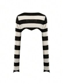 INAWLY Kvinnors färgblock Kort fashionabel och enkel långärmad tröja - Svart och Vitt - Visa 4