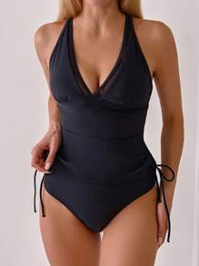 Women's Solid Color Basic Tummy Control Tankini Set Black Bathing Suits For Summer Beach - Black - View 4