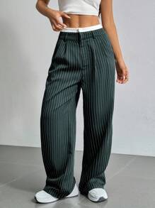 SHEIN EZwear 橄榄绿和白色直筒裤，加大码 - 墨綠色 - 查看 3