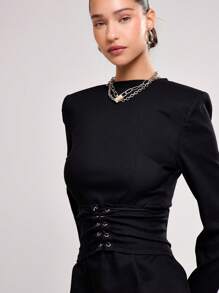 MUSERA 梭织立领长袖束身迷你连衣裙 春季性感可爱夏季 - 黑色 - 查看 5