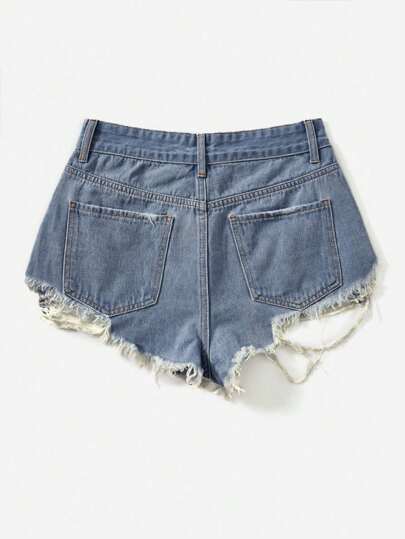 SHEIN EZwear 夏季破洞毛邊牛仔短褲