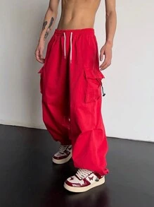 ROMWE MEN Casual Men Flap Pocket Side Drawstring Waist Cargo Pants, School, Fall