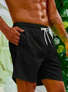 ZELFYO 男士抽绳腰纯色宽松休闲沙滩短裤男士沙滩装男士沙滩装男士游泳短裤长滩装男士 - 黑色 - 查看 6