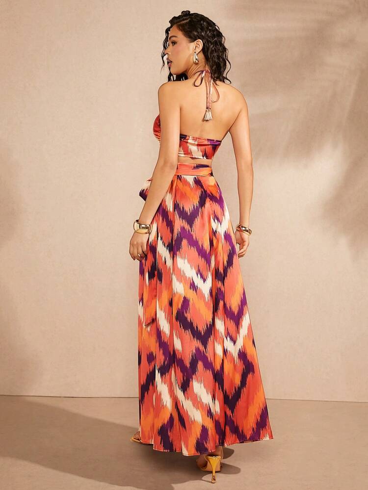 Ikat Print Halter Bikini Top And Maxi Skirt Two Pieces Set