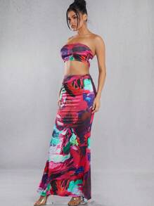 Hauture Abstract Print Tube Top & Skirt Set - Multicolor - View 4
