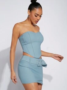 Hauture Women's Solid Color Tube Top & Bodycon Skirt Slim Fit 2pcs Set - Baby Blue - View 4
