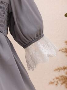 Rochie de culoare solidă prințesă cu mânecă bubble pentru fetițe cu gât rotund, cu dantelă, broderie unicorn și inimă, căptușeală din satin, drăguță și confortabilă și elegantă, primăvară și toamnă nou sosire