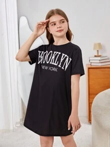 SHEIN Tween Girl Slouchy Summer Short Sleeve Sleep Dress, Loose & Comfortable Knitted Skin-Friendly Home Wear, Bear Printed