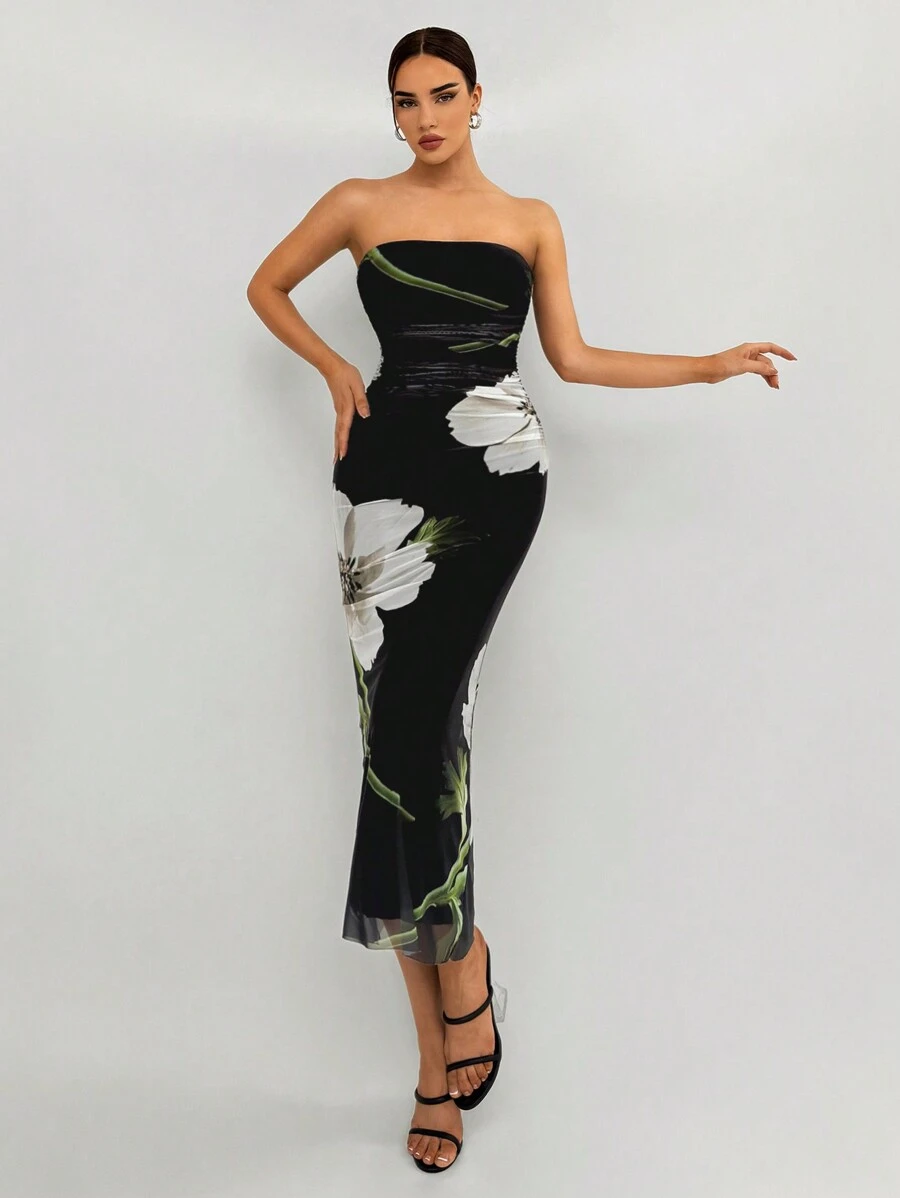 Aloruh Romantic Date Strapless Black Ruched Big Flower Bodycon Midi Sleeveless Dress For Women - Multicolor - View 1
