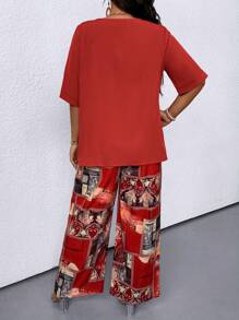 Conjunto de 2 piezas de pantalones anchos de pierna ancha con estampado floral y blusa de manga corta con cuello en V de unicolor para mujer de talla grande para ropa de Año Nuevo - Rojo - Ver 2