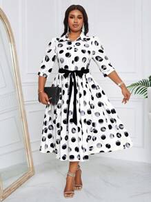 SHEIN Lady Vestido de poá preto e branco impresso, roupas de mulher plus size para o outono, roupas de professora, vestido branco de professora, vestido de professora preto e branco, vestidos de outono brancos, saias brancas, vestidos de mulher brancos, para todas as estações - Preto e Branco - Visão 4