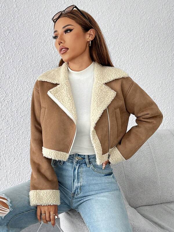 SHEIN PETITE Chaqueta de motocicleta caqui forrada de oso de peluche para otoño e invierno con cremallera