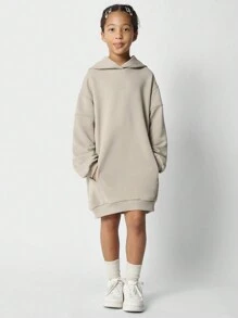 SUMWON 少女常规款套头连帽连衣裙，带缝线和小印花，适合度假穿着 - 卡其色 - 查看 4