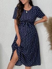 SHEIN Pregnant Women's Polka Dot Print Simple Daily Short Sleeve Dress For Maternity - Navy Blue - View 6