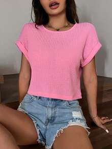 SHEIN EZwear Top corto rosa sólido con dobladillo ajustado - Rosa - Ver 6