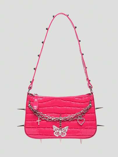 Kawaii New Punk Style Spiked Lady Bag Gothic Handbag Studded Women's Shoulder Bag Bow-Knot Chain Bag Sweet Cool Motorbike Bag For Women