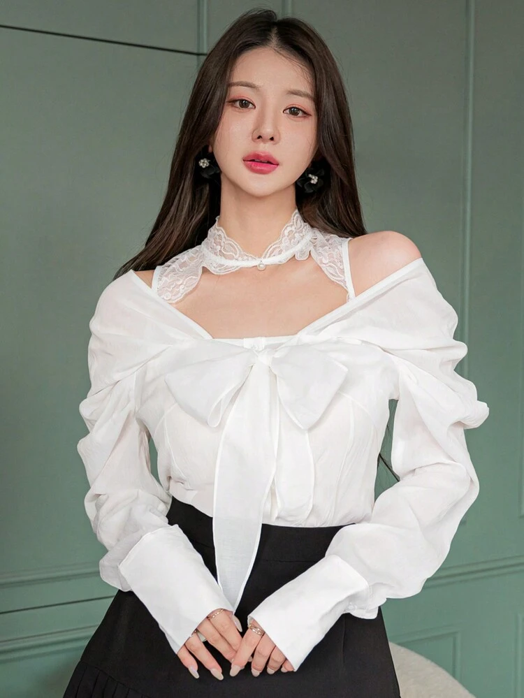 Women's Solid Color Bow Long Sleeve Shirt,Fall Women Clothes