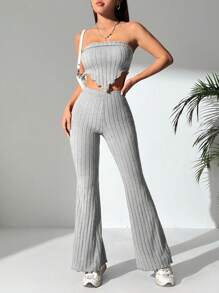 SHEIN PETITE Conjunto casual de verano para mujeres con top de banda asimétrico y pantalones acampanados en unicolor