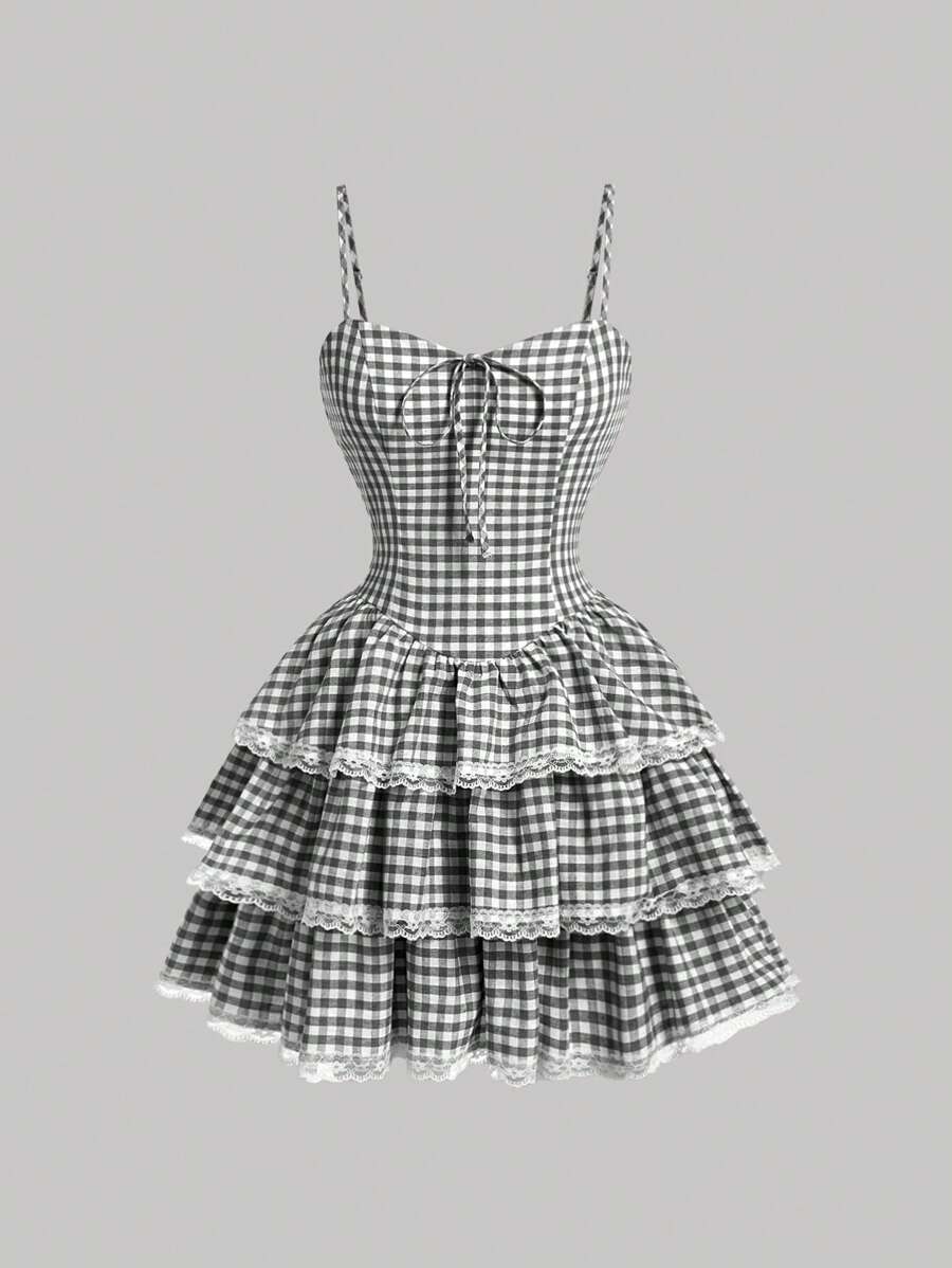 SHEIN MOD Women's Blue And White Gingham Dress, Perfect For Picnics, Vacation, Beach, Countryside And Spring Break - Black and White - View 1