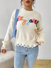 Chiquease 字母刺绣落肩毛衣，长袖上衣