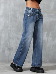 SHEIN EZwear Straight Leg Denim Jeans With Pockets And Cross Straps