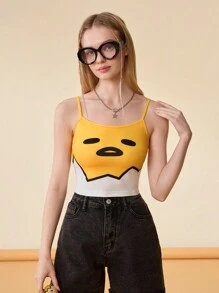 Gudetama X SHEIN Họa tiết quả trứng màu vàng Dễ thương Thường ngày Mùa hè Áo yếm bó sát - Màu vàng - Xem 3