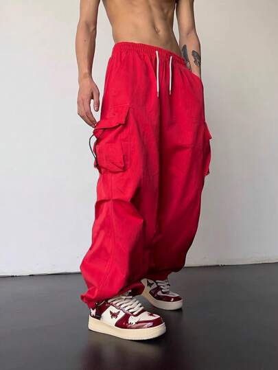 Street Life Men Flap Pocket Side Drawstring Waist Cargo Pants, School, Fall