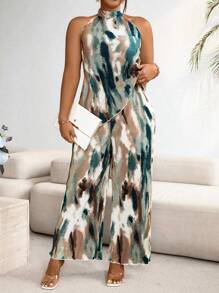 Franclia Plus Size Asymmetrical Tie-Dye Halter Neck Top And Straight Pants Set - Multicolor - View 5