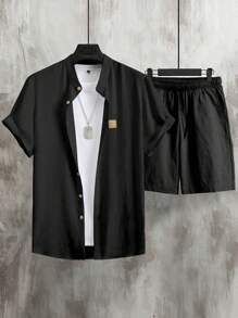 Manfinity Homme Camisa de manga corta con detalles de parche y shorts para hombre para el verano - Negro - Ver 6