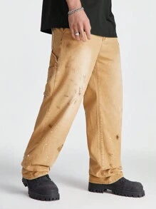 Manfinity Hypemode Men's Loose Straight Cut Khaki Baggy Jeans With Street Paint Pattern - Khaki - View 1