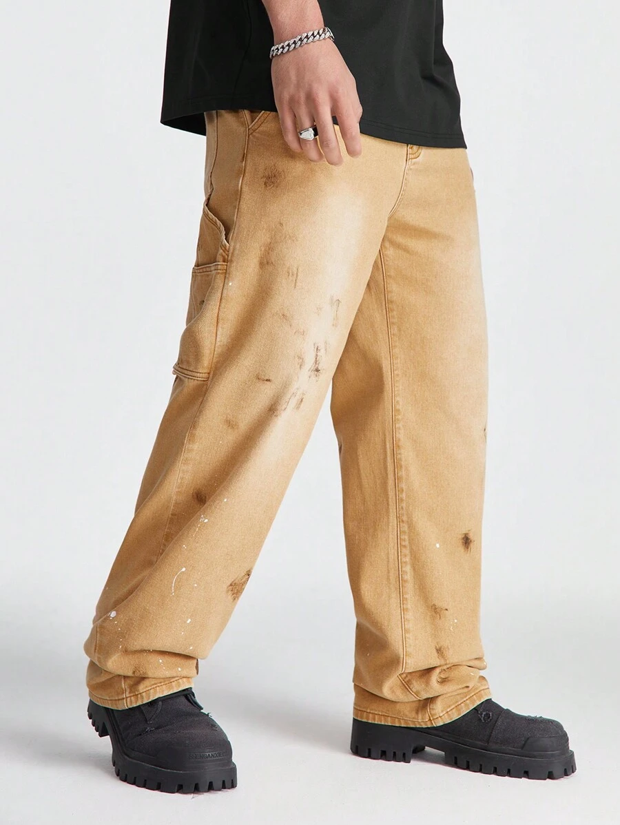 Manfinity Hypemode Men's Loose Straight Cut Khaki Baggy Jeans With Street Paint Pattern - Khaki - View 1