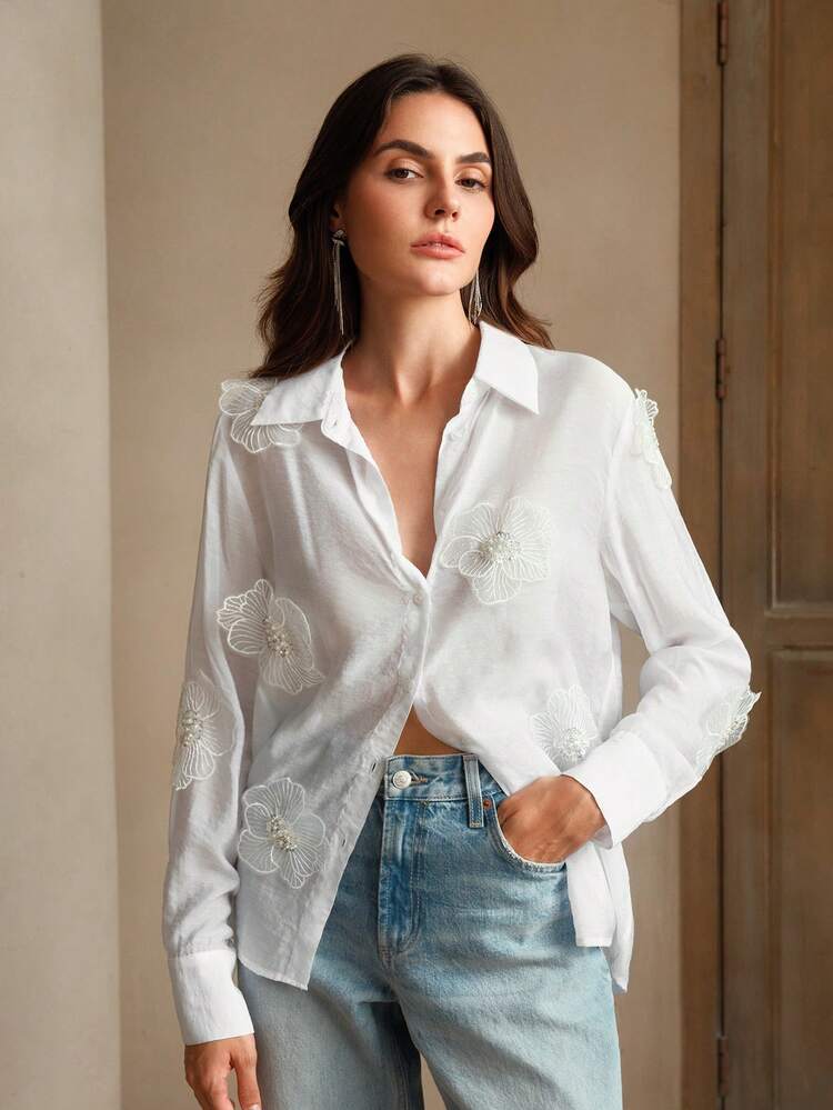 See-Through Mesh Heavy Beaded Sequin 3D Flower Shirt