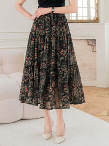 DAZY Falda con volantes con estampado floral diminuto, conjunto de ropa de vacaciones para mujer - Negro - Ver 4