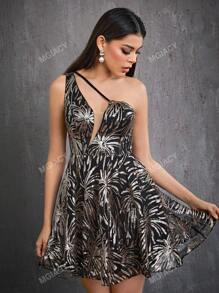 Mgiacy One Shoulder Asymmetrical V-Neck Gorgeous Sequins Sexy Party Skater Dress