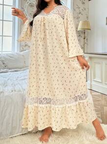 CottageSlumber 中长加大码睡衣裙，采用亲肤面料制成，宫廷风格，长裙舒适优雅，适合秋季 - 杏色 - 查看 6